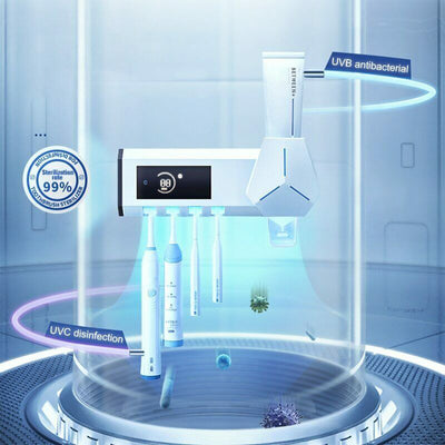 White wall-mounted toothbrush sterilizer with UVC ultraviolet light, holding four electric toothbrushes. Features a digital display and blue sterilization light - Image 4