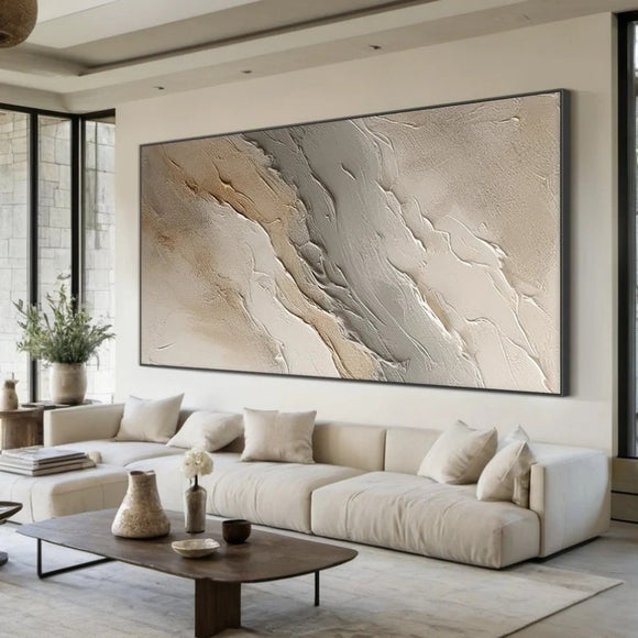 Cuadro Abstracto Texturizado Óleo Sobre Lienzo Beige Gris Olas Decorativo