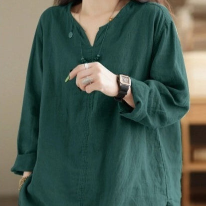 Blusa Suelta Retro Casual de Manga Larga con Abertura para Mujer