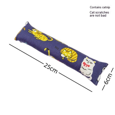 Dark blue catnip pillow toy with white cat, fish, and paw print patterns, measuring 25cm long. - Image 6