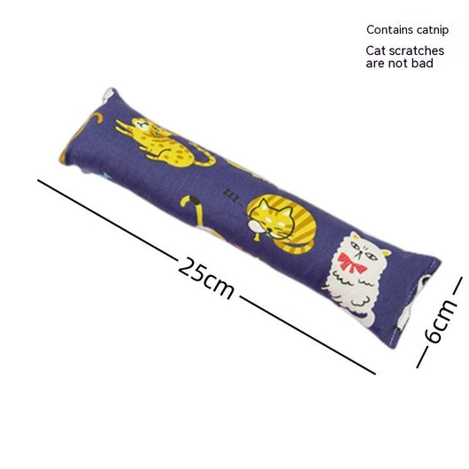 Dark blue catnip pillow toy with white cat, fish, and paw print patterns, measuring 25cm long. - Image 6