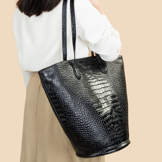 Bolsa Tote Estampado Cocodrilo Gran Capacidad Cilíndrica Diseño Premium
