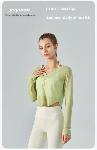 Blusa Yoga Suelta Cuello V Manga Larga con Efecto Drapeado - Image 25