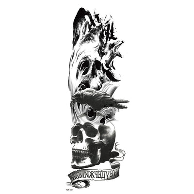 Full arm temporary tattoo sticker with a black, red, and light blue tribal design, featuring abstract shapes and patterns. - Image 44