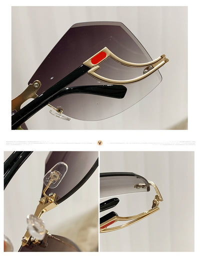 Rimless sunglasses with gradient pink lenses and gold-tone hollow temples, featuring a unique quadrilateral shape. - Image 15