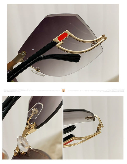 Rimless sunglasses with gradient pink lenses and gold-tone hollow temples, featuring a unique quadrilateral shape. - Image 15