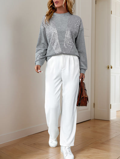 Sudadera Suelta con Cuello Redondo y Lentejuelas Combinadas para Mujer - Image 13