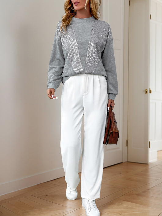 Sudadera Suelta con Cuello Redondo y Lentejuelas Combinadas para Mujer - Image 13