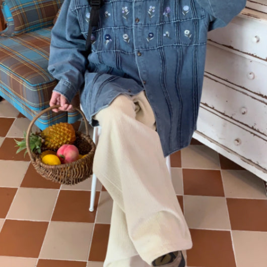 Camisa Denim Vintage Plisada Floral Lavado Clásico Manga Larga - Image 4