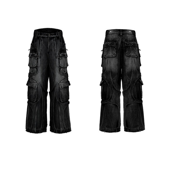 Pantalones Vaqueros Rectos Anchos Desgastados con Bolsillos Múltiples