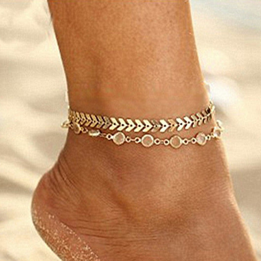Pulsera Tobillera Doble Cadena Espina de Pescado con Cristales