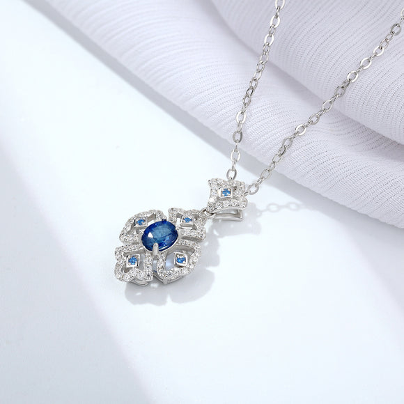 Collar de Plata S925 con Patrón Retro y Zafiro Natural Genuino para Mujer