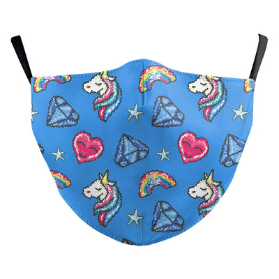 Black dust mask with a whimsical print featuring white unicorns, colorful donuts, yellow stars, and rainbows. - Image 4