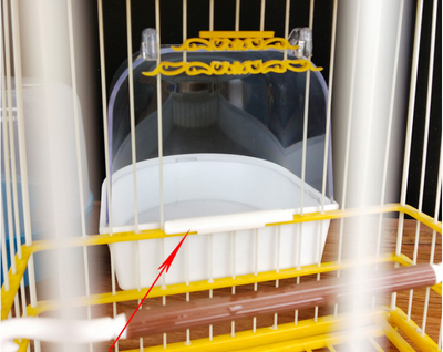 Clear plastic bird bath with a blue base, designed to attach to a yellow and white bird cage. - Image 11