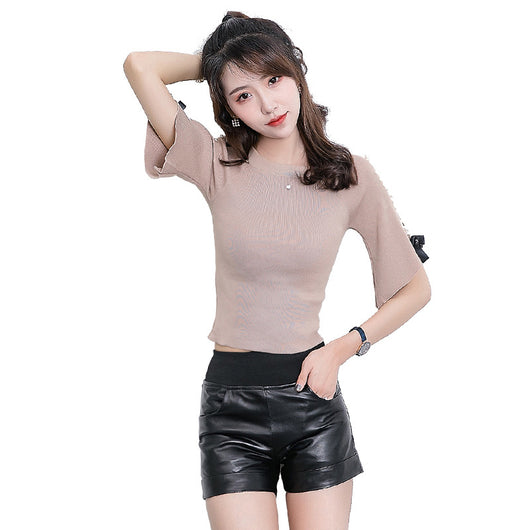Pantalones Cortos de Cuero Gamuza para Mujer Cintura Alta Pierna Recta Casual - Image 4