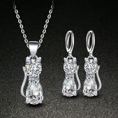 Conjunto de Collar y Aretes con Dije de Gato en Circonia - Image 8