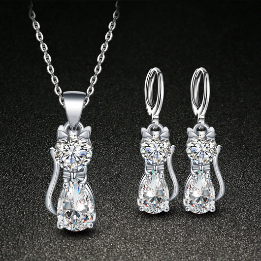 Conjunto de Collar y Aretes con Dije de Gato en Circonia - Image 8