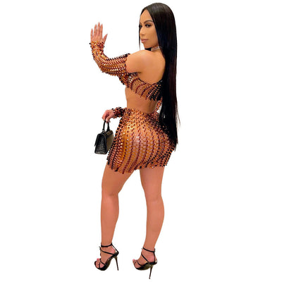 Black net hole hollow-out two-piece set with one-shoulder long-sleeve crop top and matching mini skirt. - Image 6