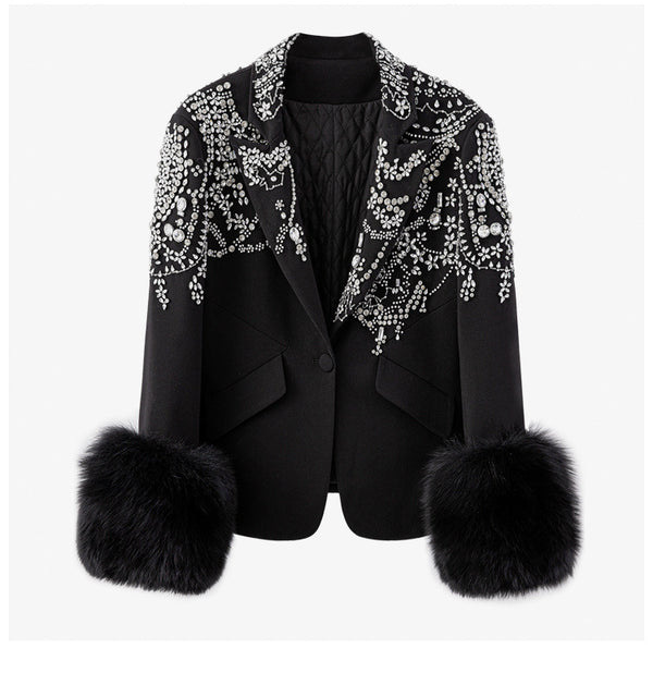 Blazer Elegante Negro con Cuello Solapa y Detalles en Strass