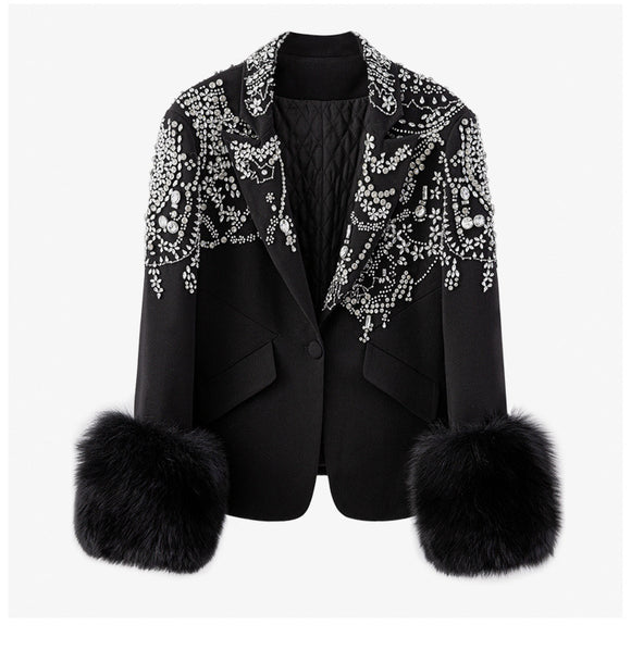 Blazer Elegante Negro con Cuello Solapa y Detalles en Strass