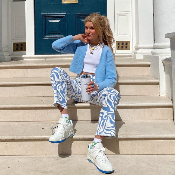 Pantalones Rectos Casual con Estampado Zebra Azul
