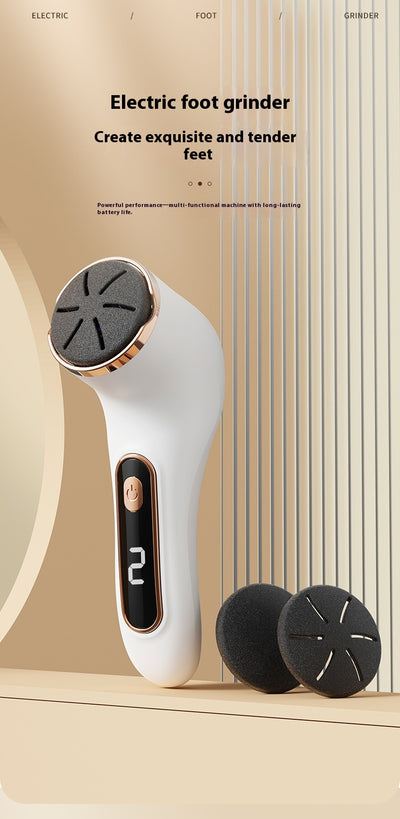 Ivory white electric foot grinder with digital display, power button, and three interchangeable grinding heads. - Image 20