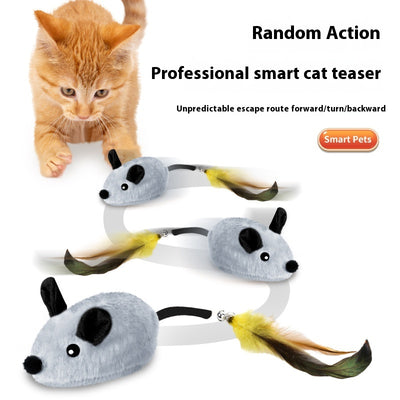 Gray plush electric mouse cat toy with black ears and eyes, featuring a yellow and green feather tail with a bell. Includes a USB charging cable and gift box. - Image 2