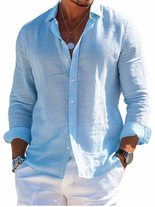 Camisa de Playa Manga Larga con Solapa - Diseño Liso Masculino - Image 20