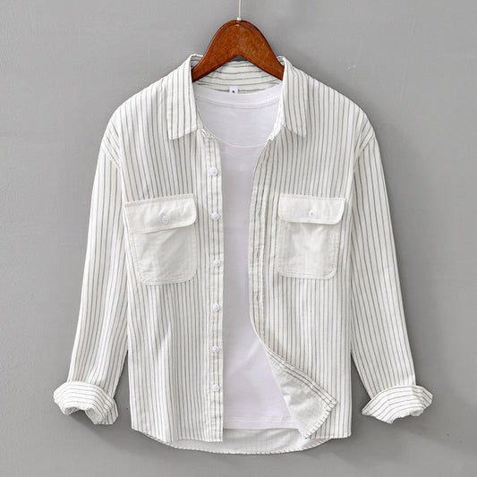 Camisa Retro a Rayas con Bolsillos y Mangas Largas