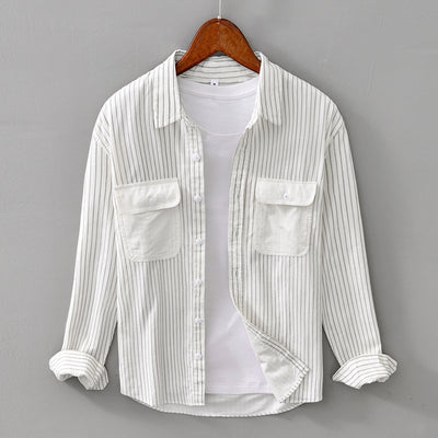Camisa Retro a Rayas con Bolsillos y Mangas Largas