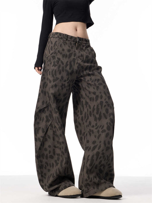 Pantalones Jeans Leopardo Retro Mujer Cintura Alta Pierna Ancha - Image 5