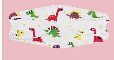 Two white children's face masks with colorful cartoon dinosaurs, including red, green, and teal, on a white display stand. - Image 9