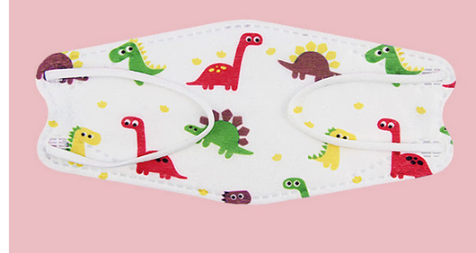 Two white children's face masks with colorful cartoon dinosaurs, including red, green, and teal, on a white display stand. - Image 9