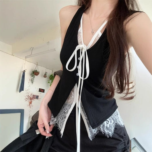 Top Elegante Sin Mangas con Encaje Falso Dos Piezas Negro - Image 4