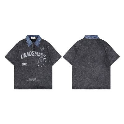 Playera Denim Lavada con Estampado de Letras y Contraste de Colores - Image 3