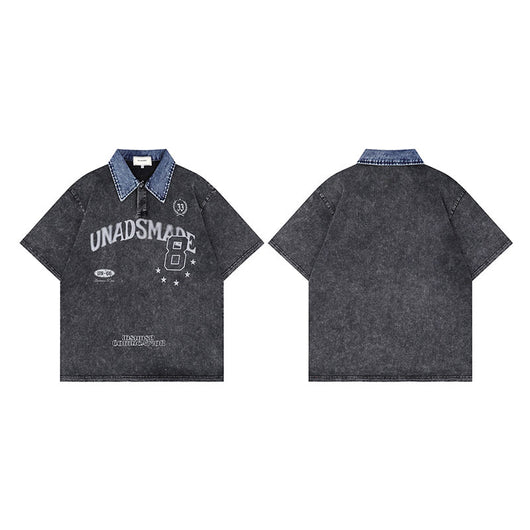 Playera Denim Lavada con Estampado de Letras y Contraste de Colores - Image 3