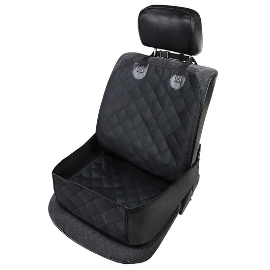 Black quilted pet car seat cover installed on a front passenger seat, protecting the upholstery. - Image 8