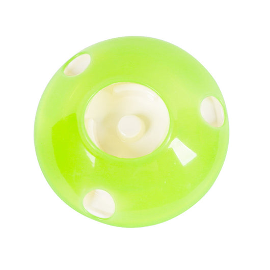 Green and white pet toy, a round food dispenser with multiple openings and a central spinning element for cats. - Image 8
