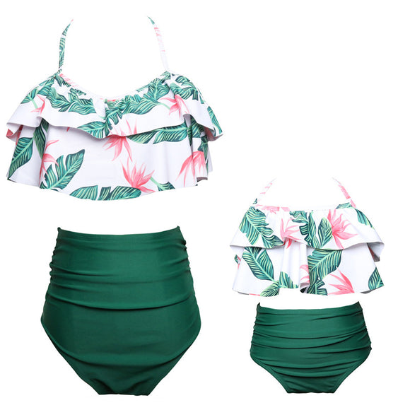 Traje de Baño Coordinado Mamá e Hija con Cintura Alta y Volantes Estampado