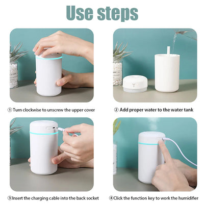 Pink portable humidifier with a blue LED light band, emitting fine mist, on a white pedestal. - Image 12