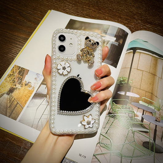 Funda para Celular con Espejo en Forma de Corazón y Brillo de Perlas - Image 2