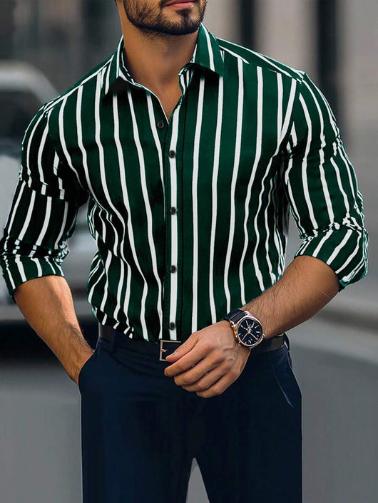 Camisa Casual de Manga Larga con Estampado a Rayas y Elasticidad Cuádruple para Hombre - Image 9