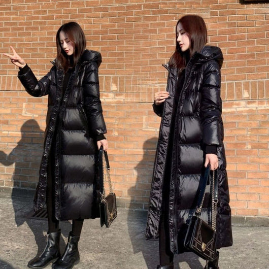 Abrigo Largo de Plumas de Ganso Negro Estilo Coreano con Acabado Brillante