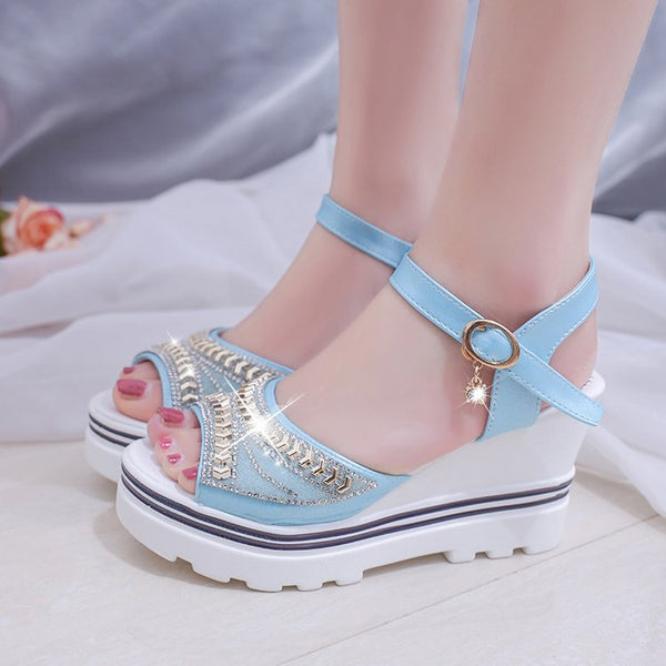 Sandalias Cuña Mujer Verano Piedras Brillantes Impermeables