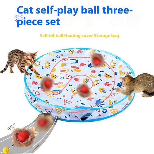 Cat self-play ball three-piece set with a red hunting ball, patterned drawstring storage bag, and a plush toy.