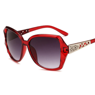 Women's retro big frame sunglasses with brown faceted frames, gradient purple lenses, and rhinestone-detailed silver temples. - Image 5