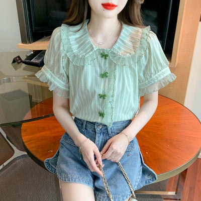 Blusa de Chifón con Cuello Muñeca y Mangas de Encaje - Image 4