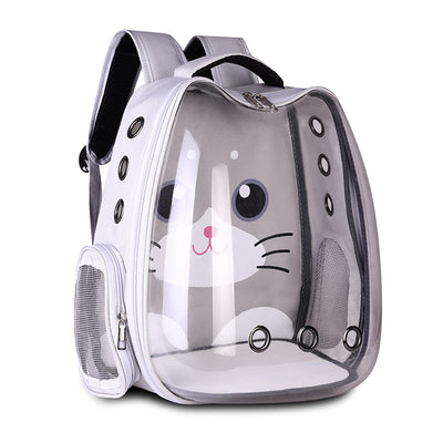 Light blue pet carrier backpack with a clear bubble window and a cartoon cat face design, featuring mesh sides. - Image 9