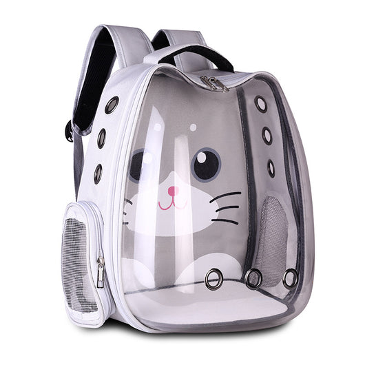 Light blue pet carrier backpack with a clear bubble window and a cartoon cat face design, featuring mesh sides. - Image 9
