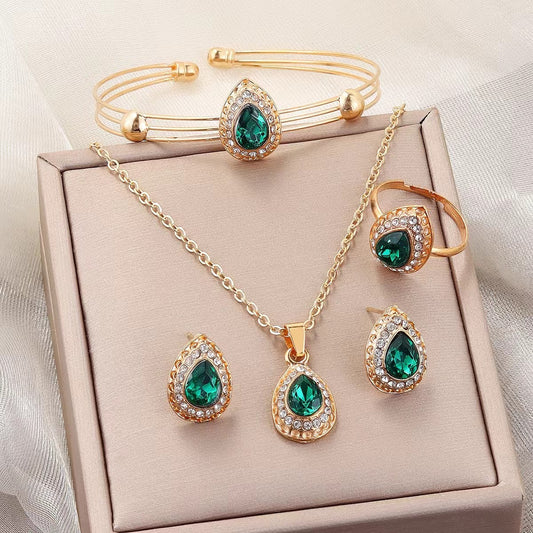 Conjunto de Joyería Mujer Serie Gota de Agua con Gemas - Collar, Aretes, Anillo y Pulsera